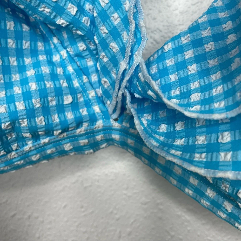 New Lilly Pulitzer Aelin Bikini Swim Top in Crinkle Turquoise Blue Oasis Gingham